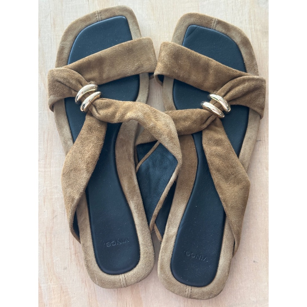 Vince Brown Suede Gold Ring Slide Sandals Square Toe Flats Womens 7M EUR 37